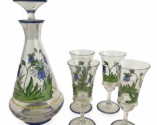 Vintage Hand-Painted Bluebell Glass Decanter and Wine Glass Set
