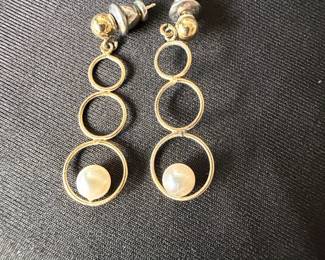 14k Gold TripleCircle Pearl Drop Earrings