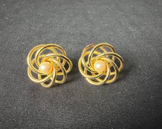 Vintage Monet Gold Tone Swirl Faux Pearl Earrings