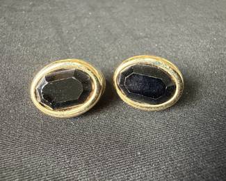 Vintage Gold Tone Oval Black Glass Earrings
