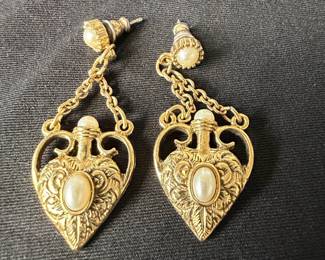 Vintage GoldTone Filigree Heart Perfume Bottle Drop Earrings with Faux Pearl