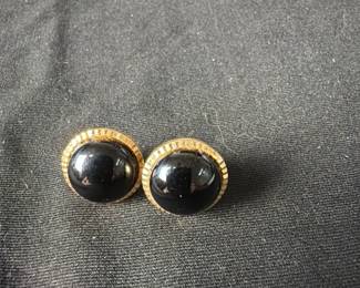 Vintage 14K Yellow Gold and Black Onyx Cabochon Stud Earrings