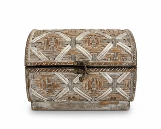 Vintage Woven Rattan & Wood With Metal Accents Treasure Chest