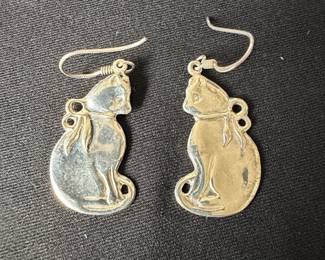 Vintage Mexican Sterling Silver Cat Dangle Earrings