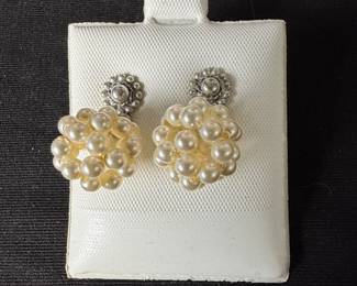Vintage Faux Pearl Cluster Earrings with Sunburst Setting