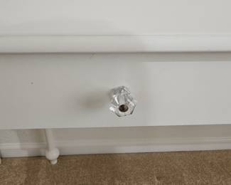 Pottery Barn White Console Table with Turned Legs and Crystal Knobs
