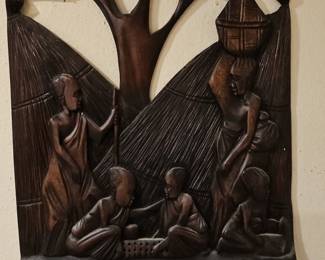 Large Hand-Carved African Village Scene Wood Plaque