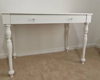 Pottery Barn White Console Table with Turned Legs and Crystal Knobs