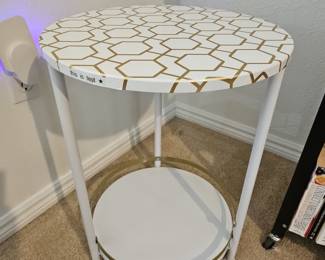 Round Side Table with Geometric Pattern and Lower Shelf