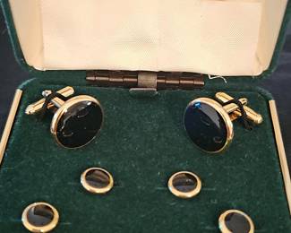 Vintage Gold-Tone Black Onyx Cufflink and Stud Set