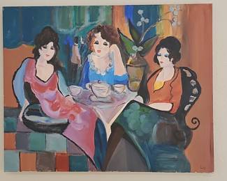 Itzchak Tarkay Style Painting of Women at a Cafe