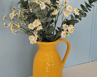 Yellow Ceramic Pitcher Vase with Faux Daisy and Eucalyptus Arrangement