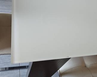 Modern Frosted Glass and Dark Wood Dining Table with Chrome Sled Base Chairs