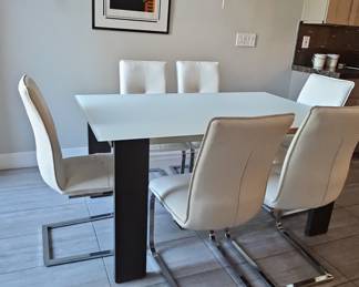 Modern Frosted Glass and Dark Wood Dining Table with Chrome Sled Base Chairs