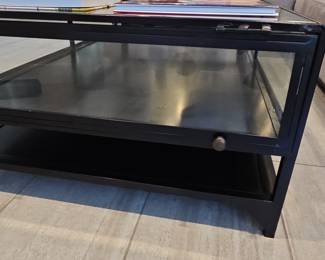 Modern Industrial Black Metal and Glass Coffee Table with Shelf