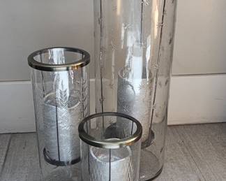Pottery Barn Etched Glass Cylindrical Lanterns with Metal Trim
