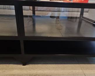 Modern Industrial Black Metal and Glass Coffee Table with Shelf
