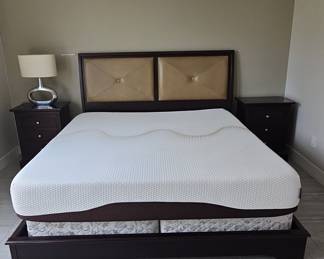 Modern Dark Wood Platform Bed Frame with Tufted Headboard, Mattress, and Matching Nightstands