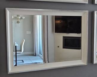Modern Rectangular Wall Mirror with White and Silver Beveled Frame