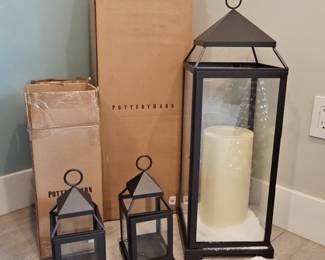 Pottery Barn Black Metal and Glass Lanterns with LED Candles