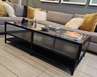 Modern Industrial Black Metal and Glass Coffee Table with Shelf