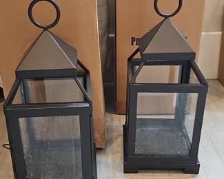 Black Metal and Glass Pyramid Top Lanterns (Set of 2)