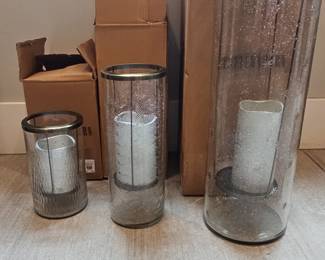 Set of 3 Etched Glass Hurricane Candle Holders with Metallic Trim