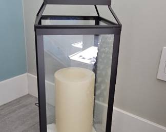 Oversized Pottery Barn Black Metal and Glass Lantern with Pillar Candle