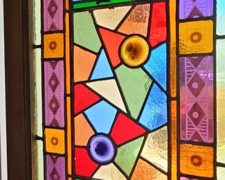 Vintage Geometric Stained Glass Window Panel with Rondels