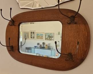 Antique Victorian Oak Wall-Mounted Mirror and Coat Rack with Ornate Cast Metal Hooks