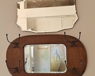 Antique Oak Hall Mirror with Ornate Coat Hooks