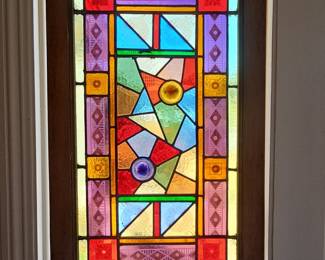 Vintage Geometric Stained Glass Window Panel with Rondels