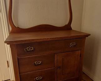 Victorian Oak Washstand with Mirror and Towel Rack