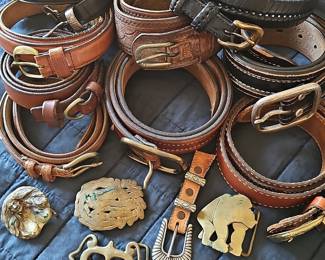 Collection of Vintage Western Leather Belts and Solid Brass Buckles