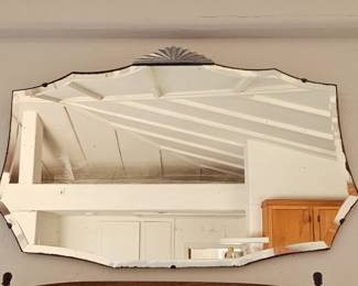 Vintage Art Deco Scalloped Beveled Frameless Wall Mirror with Fan Crest