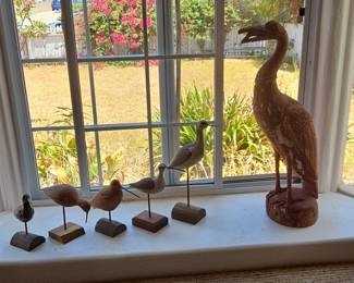 Collection of Five Hand-Carved Wooden Shorebird and Heron Decoys