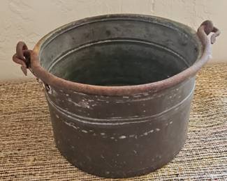Antique Hand-Hammered Copper Bucket with Rustic Iron Handles