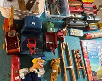 Vintage and antique toys, metal trains and cars