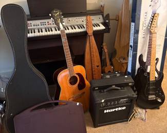 Harmony Sovereign H1260 guitar, Banjolele, Lowery, keyboard, base and electric guitar