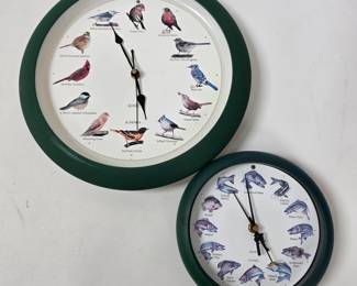 Lot #B165 - Vintage Bird and Fish Themed Quartz Wall Clocks Green Frame Nature Decor