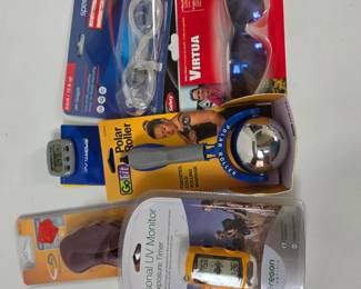Lot #B163 - UV Monitor, GoFit Polar Roller Massage Tool, Sportline Pedometer, Speedo Swim Goggles, Virtua Safety Glasses