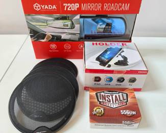 Lot #B111 - YADA 720P Mirror Roadcam, 556UW Remote Start Module, Universal Device Holder, Car Speaker Covers