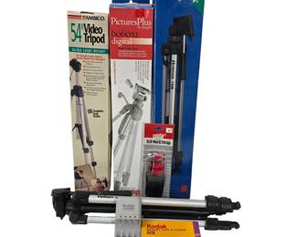 Lot #B140 - Photography Lot: Four Tripods by Velbon, Ambico, Sunpak & Hakuba, Plus Kodak Charger, Kodak Film, and SLR Neck Strap