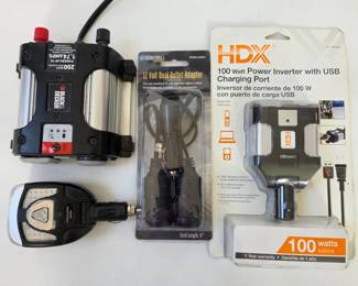 Lot #B107 - Black & Decker 200W, Vector 100W, HDX 100W, USB Power Inverters & Thunderbolt 12 Volt Outlet Adapter.