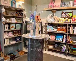 METAL TABLE DISPLAY-PUB HEIGHT, PIERO LIVENTI BOOGIE TOES, WOOD SHELVING