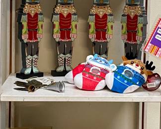 WOOD NUTCRACKERS, CHRISTMAS EDITION BEADIE BUDDIES , FIVE FOOT WOOD TREE CHRISTMAS LIGHTS, DECORATIVE HOUSE FLAGS BY EVERGREEN, GLORY HAUS CHRISTMAS DECOR, WOOD SHELF