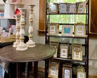 ANOTHER ANTIQUE TABLE, WOOD CANDLESTICKS, FRAMES BY TWO’S COMPANY AND COTON COLOR, WOOD SHELF