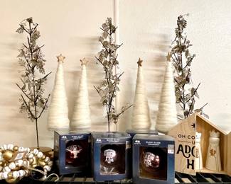 DECORATIVE CHRISTMAS TREES BY VIVA & CREATIVE COOP, BLOWN GLASS COLLEGIATE ORNAMENTS BY EVERGREEN