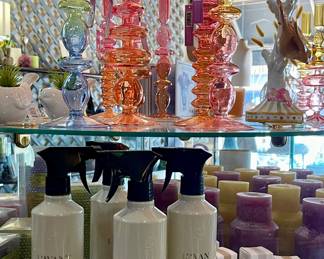 L’AVANT BRAND CLEANERS, COLORED GLASS CANDLESTICK HOLDERS