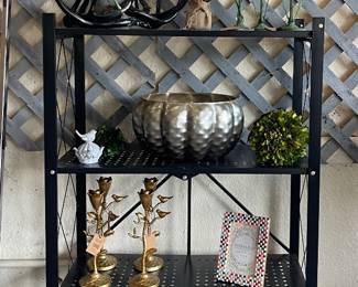 ROLLING METAL SHELF, METAL DECOR AND CANDLESTICKS BY CREATIVE CO OP